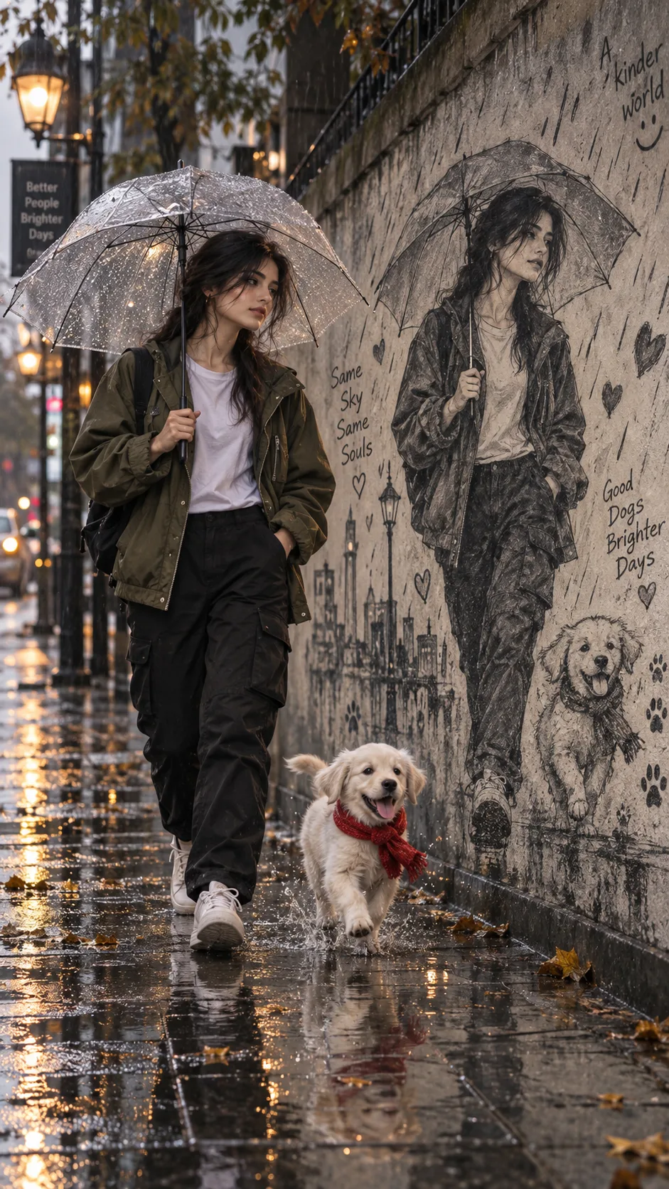 Create a cinematic, ultra-realistic rainy-day portrait of a beautiful young woman matching the reference image, preserving her facial