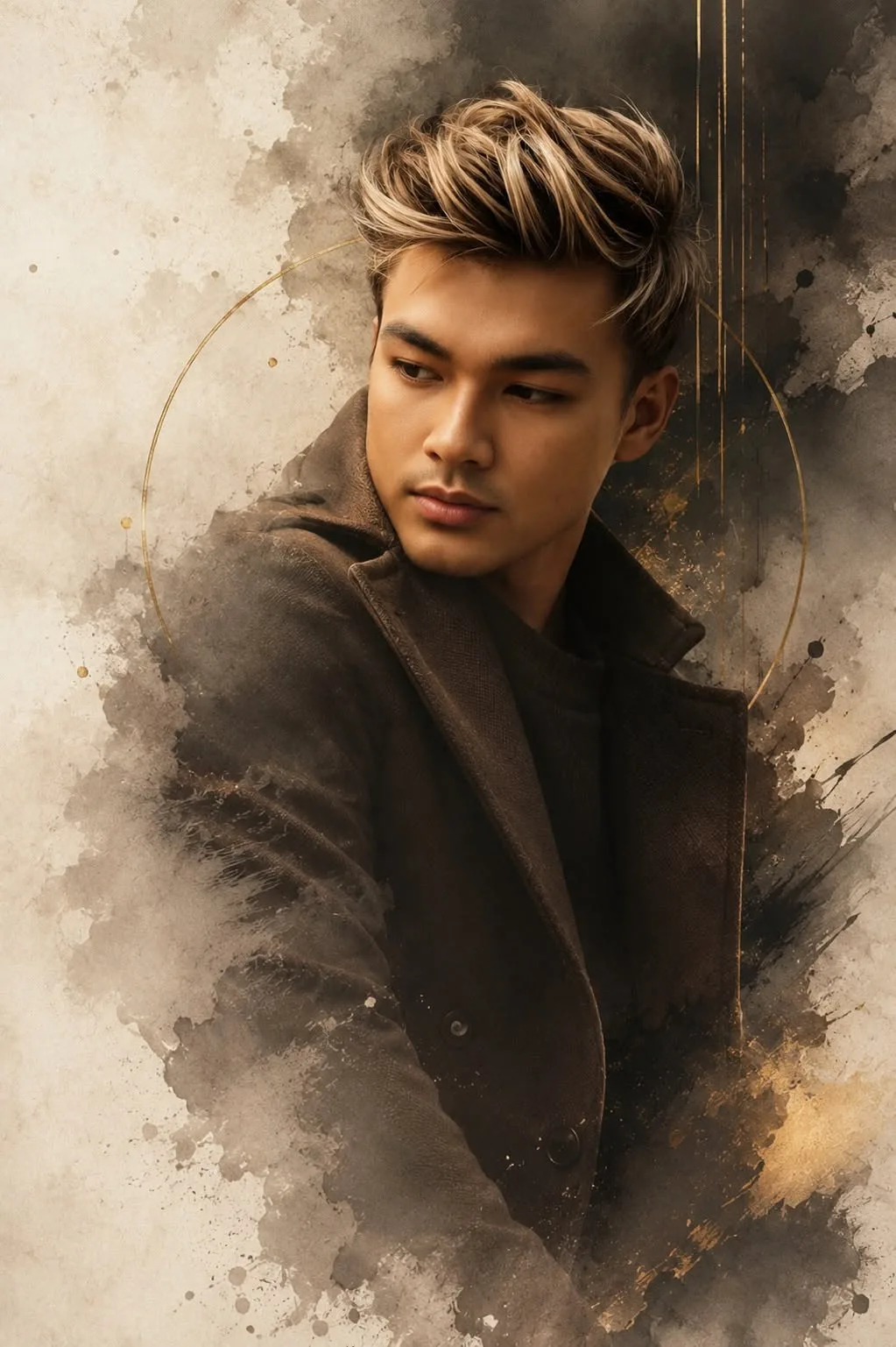 An artistic mixed-media fashion portrait of a handsome young man with sharp jawline and thick, messy textured hair with blonde highlights
