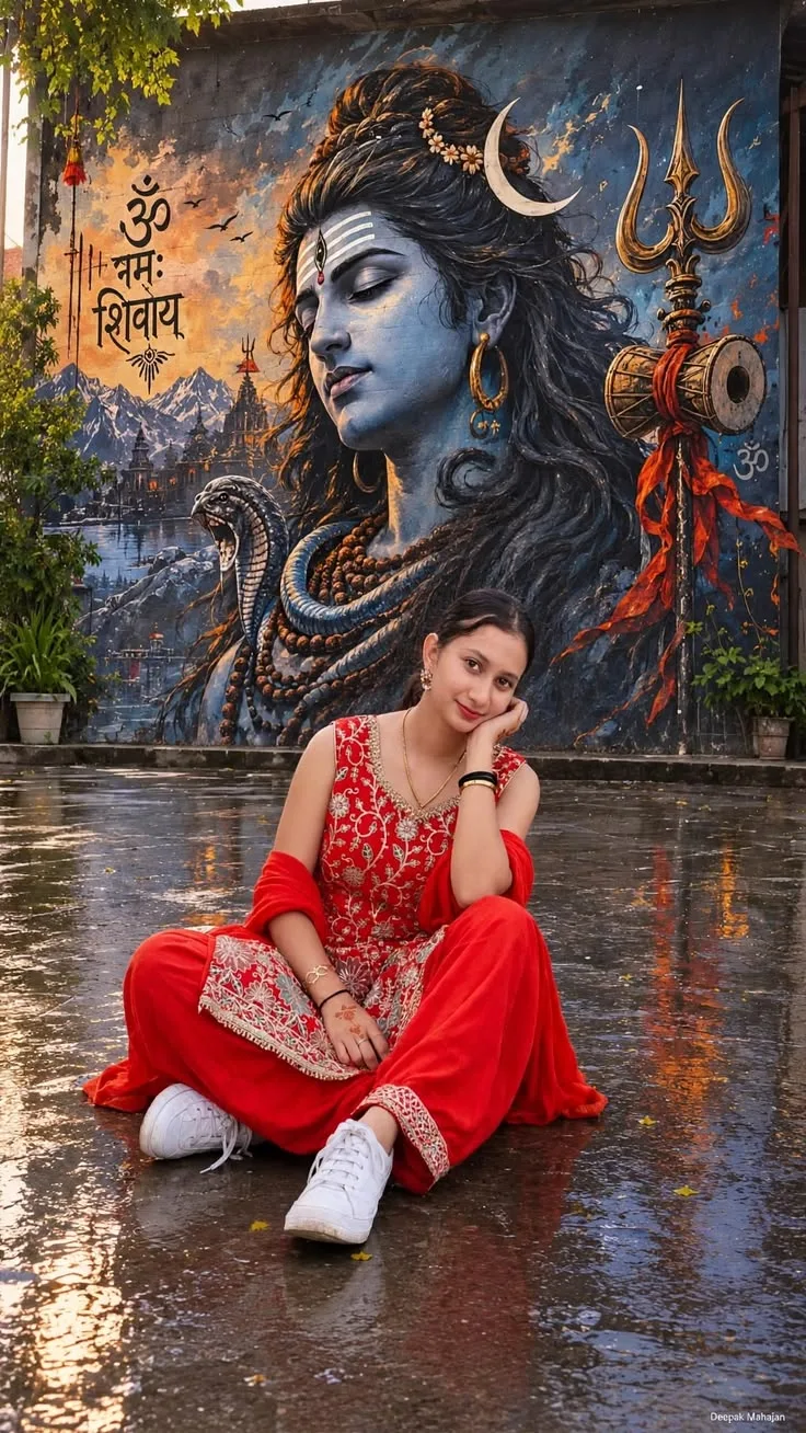 Create a photorealistic vertical 9:16 portrait of a young Indian woman sitting gracefully on a wet stone courtyard after rain, in front of