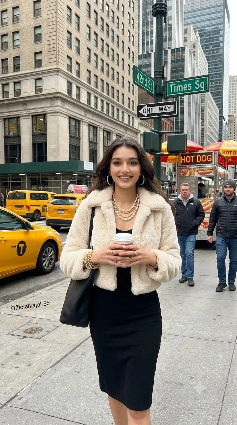 @Officialkajal.55 A detailed photograph from a mid-ground perspective shows a smiling woman walking toward the camera on a Manhattan