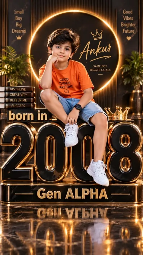 A premium 3D typography birthday portrait of a handsome young boy with fluffy brown hair, sitting confidently on top of giant, glossy black