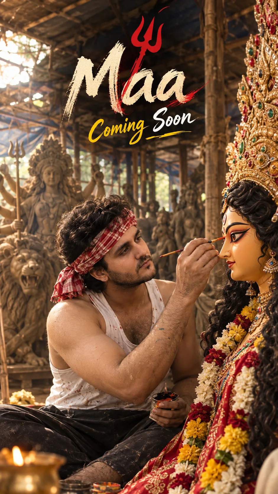A cinematic, high-resolution portrait style prompt image capturing a young Indian male artisan carefully painting the eye of a clay idol of