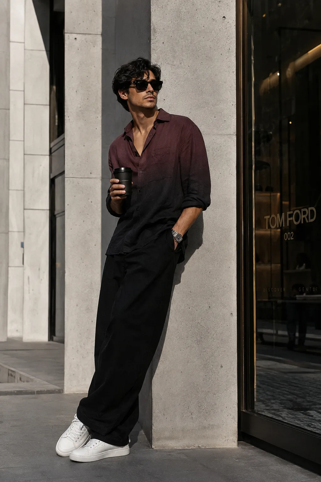 A breathtakingly stylish young male fashion model leaning effortlessly against a modern brutalist concrete pillar outside an upscale luxury