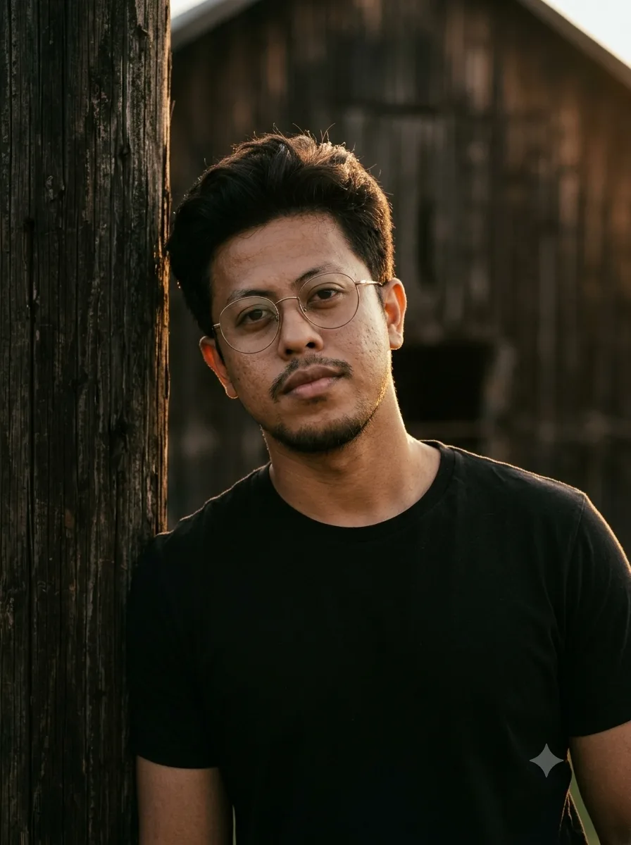Cinematic portrait of a young man with short, tousled dark brown hair and light stubble, leaning against an old weathered dark wooden post,