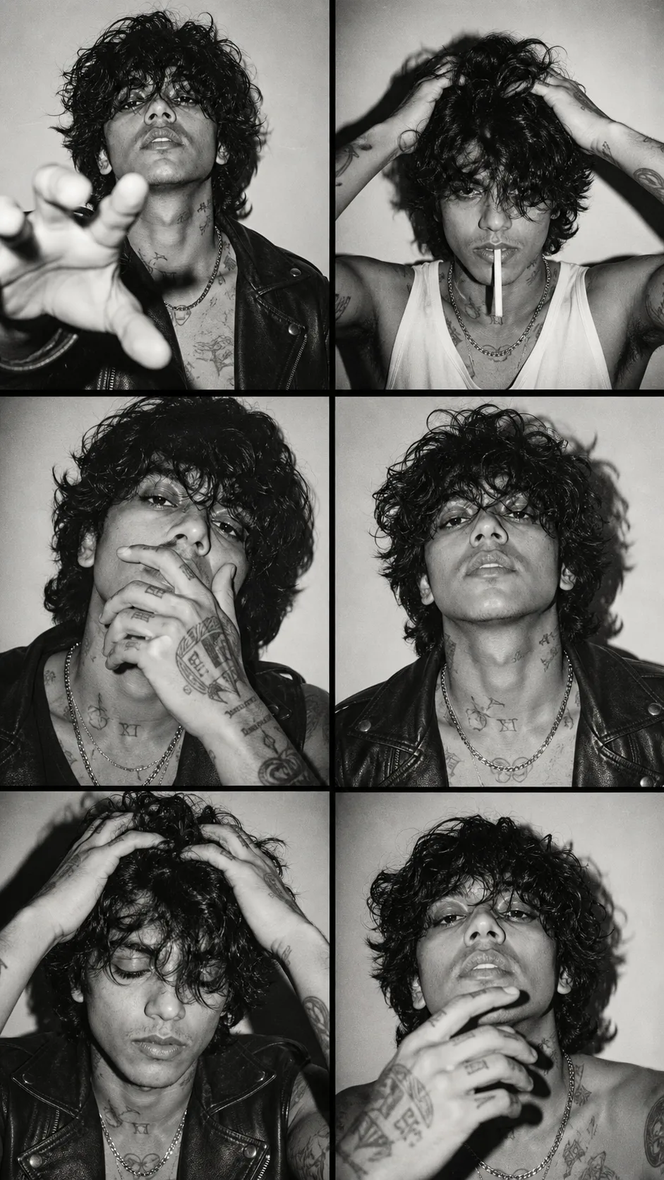 Create an ultra-realistic vintage black-and-white 35mm contact-sheet portrait of the SAME young adult male, arranged in a precise 2-column