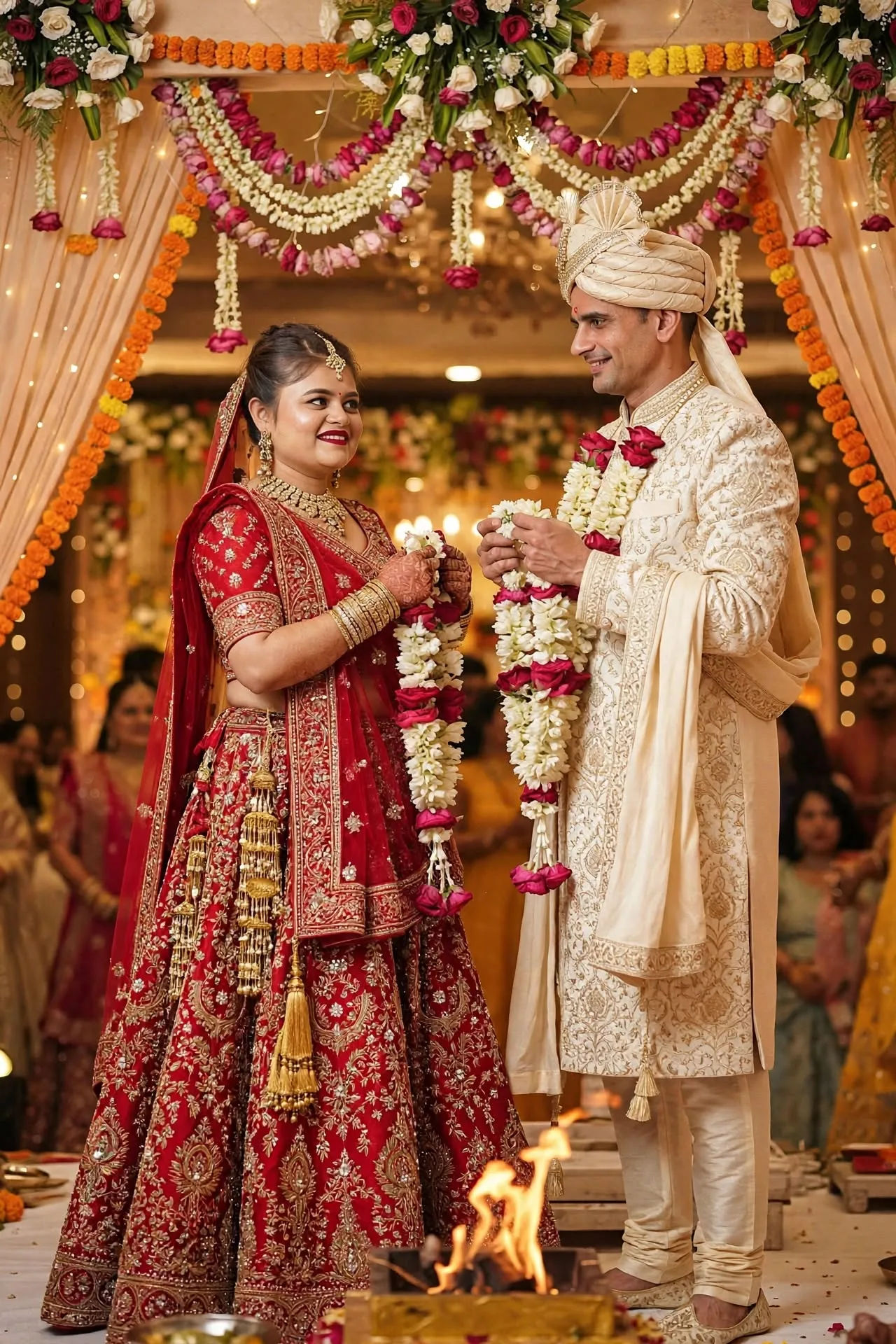 Ultra HD 8K photorealistic Indian wedding varmala ceremony, beautiful Indian bride wearing traditional bright red bridal lehenga choli with