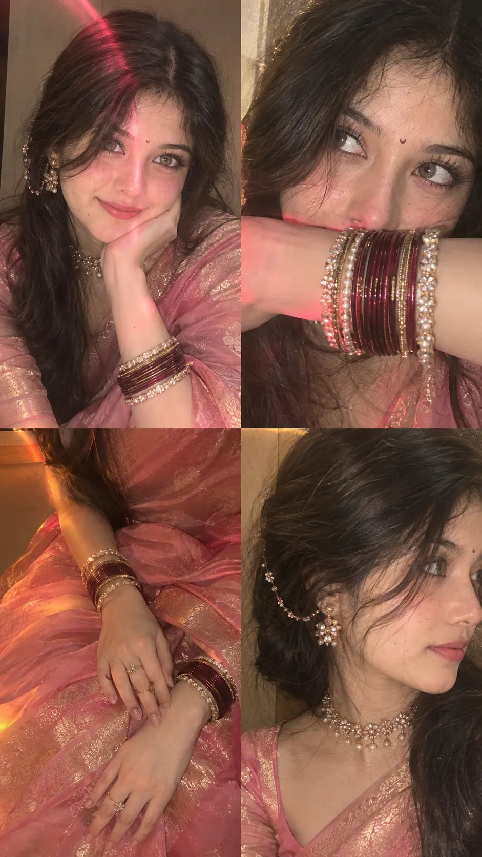 Ultra-realistic indoor iPhone 16 Pro front-camera selfie collage, 2×2 grid with four perfectly equal square frames, appearing exactly like