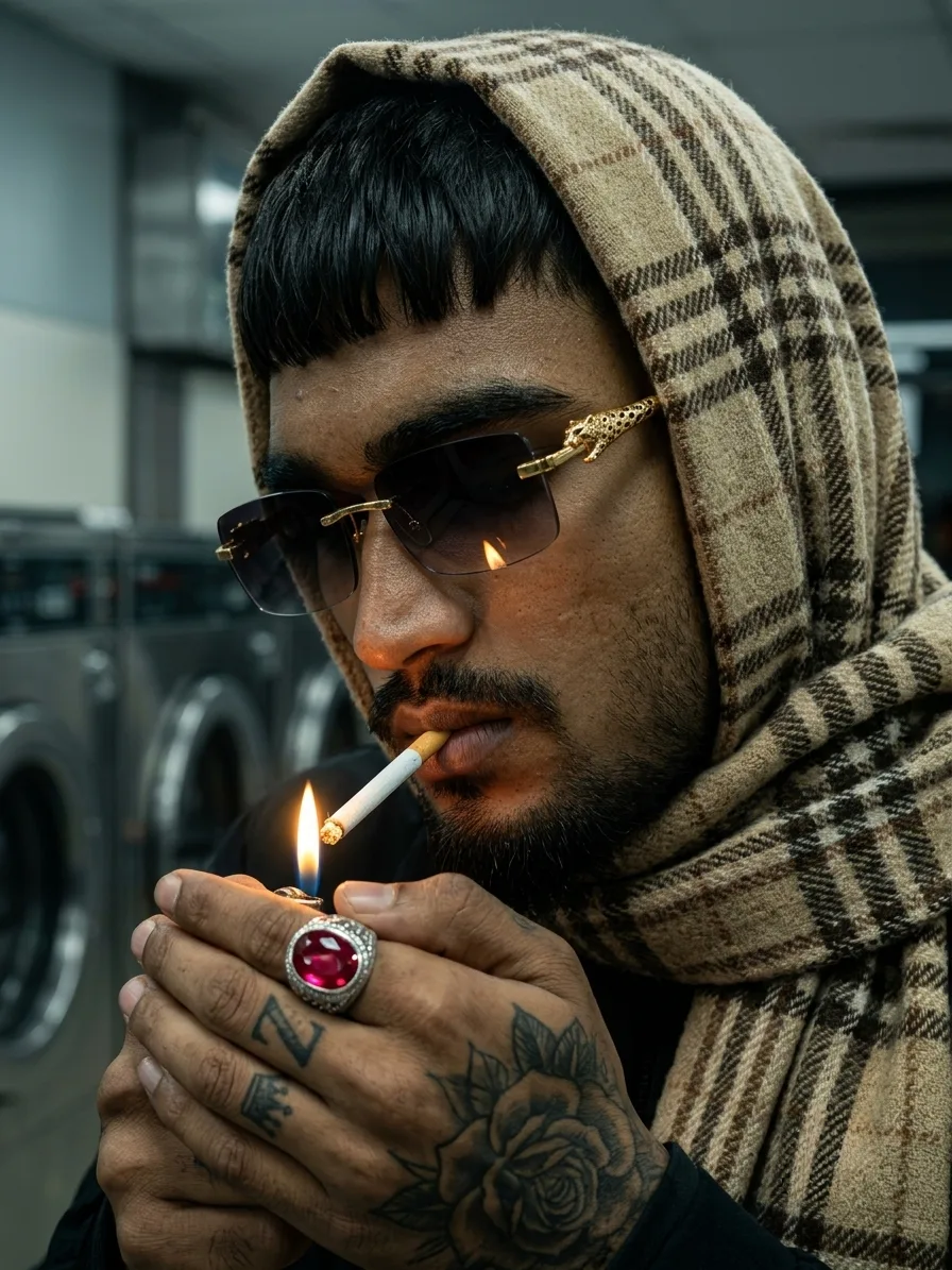 Full Prompt: "Ultra-realistic 8K close-up cinematic portrait of a serious South Asian man (3/4 profile angle) lighting a cigarette in his