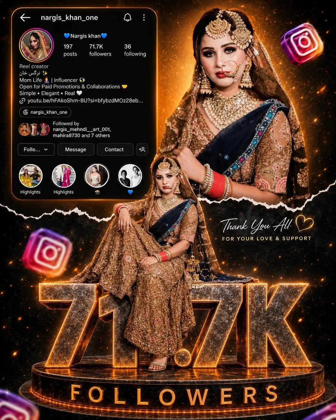 A celebratory social media milestone poster featuring a beautiful Indian bride in a rich, heavily embroidered golden and brown lehenga with
