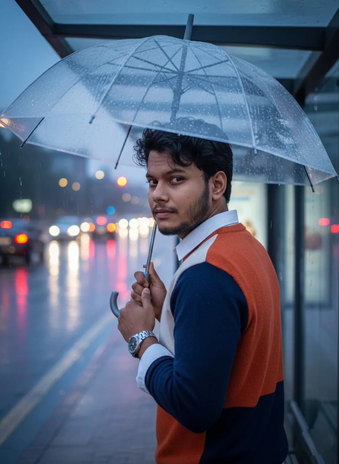A young South Asian man with short curly black hair, light beard and mustache, looking back over his left shoulder with a calm intense