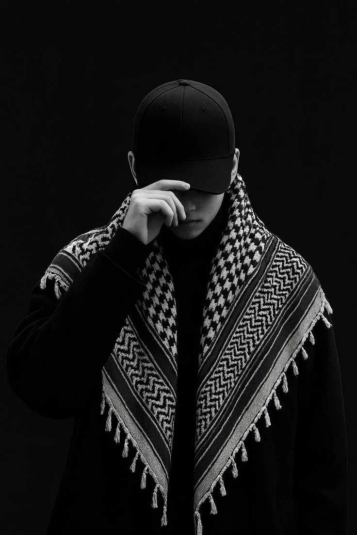 A cinematic, high-contrast black and white portrait of a man standing against a completely pitch-black background.