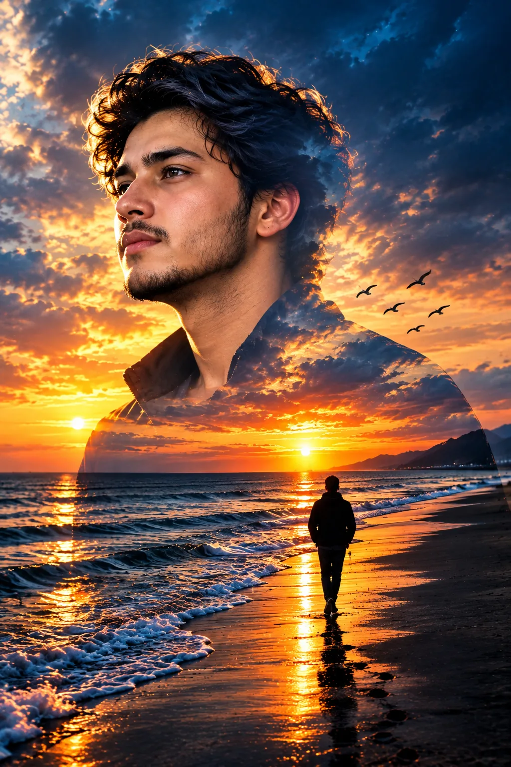 > Create an ultra-realistic, high-resolution cinematic double-exposure portrait of a thoughtful young South Asian man looking toward the