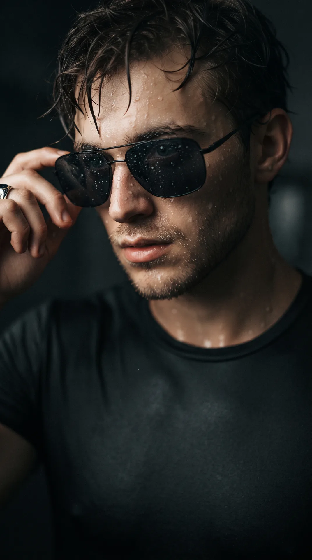 Ultra-realistic cinematic close-up portrait of a young man with wet skin and damp, messy hair.