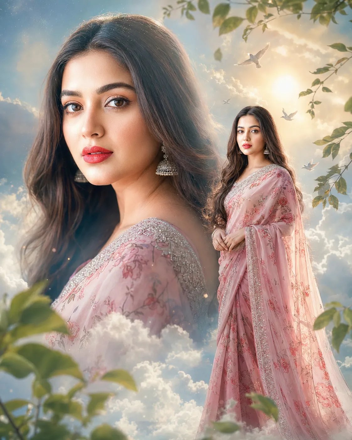 Generate a high-quality, cinematic double exposure style portrait of a beautiful young Indian woman.