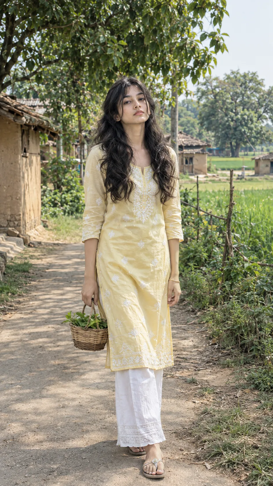 Ultra realistic full body photograph of a young woman standing on a quiet village path during daytime, shot on a real DSLR camera.