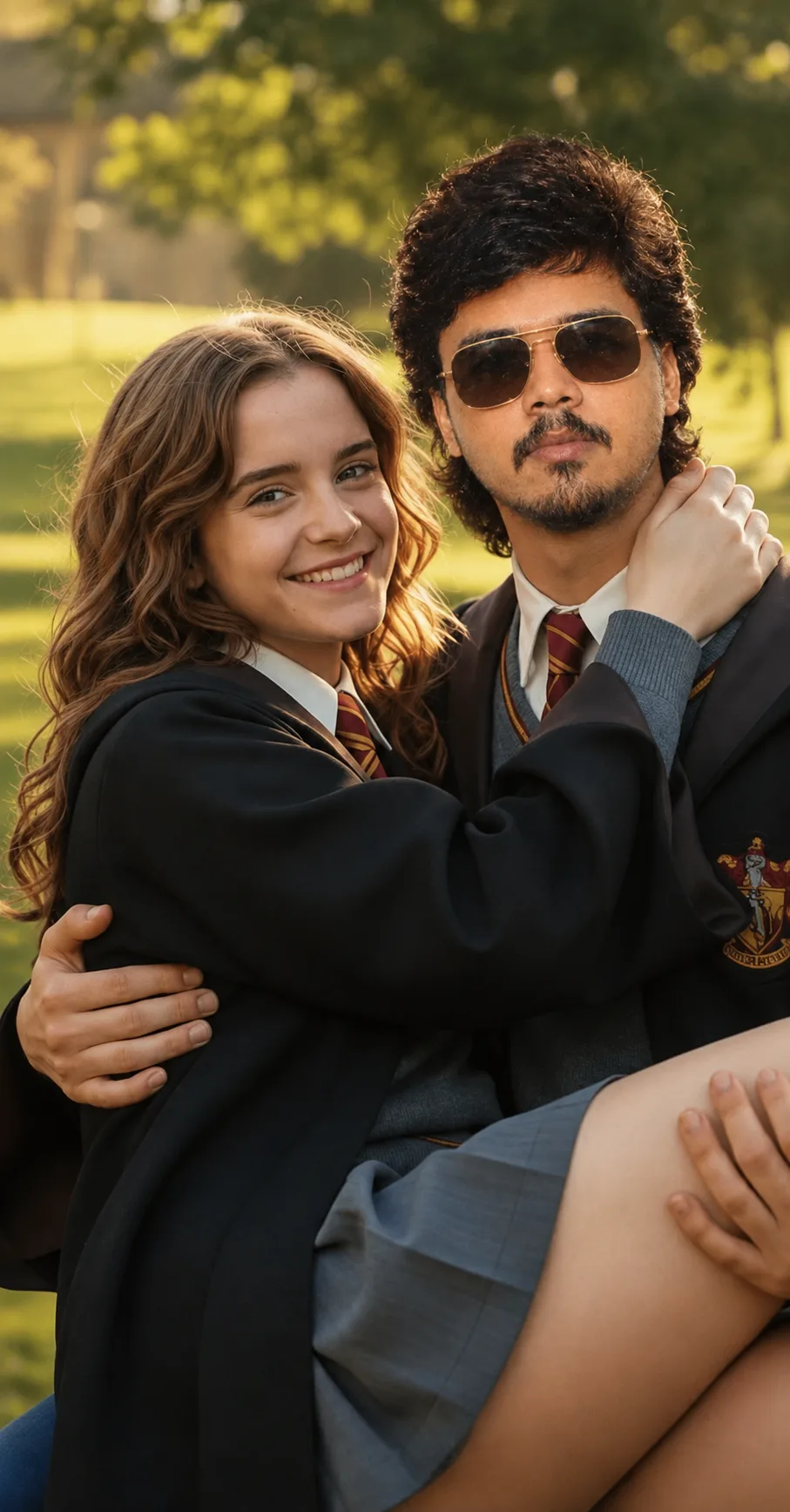 Create an ultra-realistic cinematic vertical 9:16 photograph of a young couple sharing a warm, affectionate moment in a beautiful sunlit