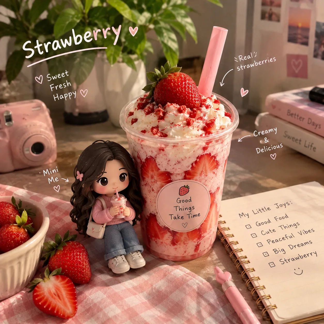 Create a photorealistic UGC-style food photograph featuring a delicious strawberry cream dessert in a clear transparent cup with a dome