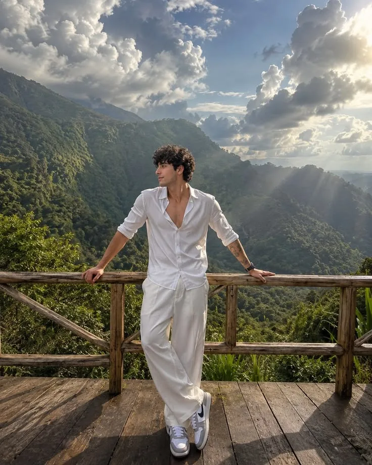 Use my uploaded image, Ultra-realistic iPhone 15 Pro wide-angle lens travel photo of a stylish young man standing casually on a wooden
