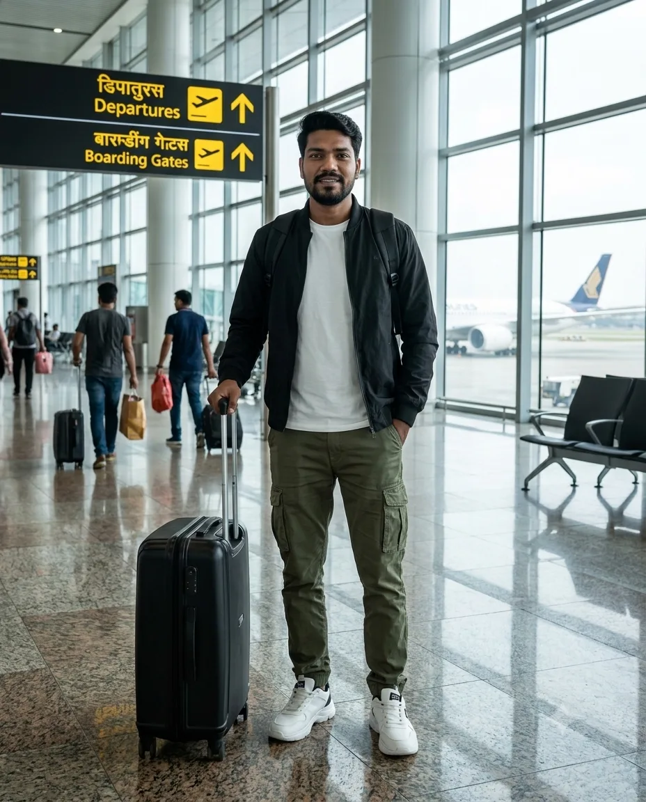 “Ultra-realistic full-body photograph of a confident Indian man standing inside a modern international airport terminal, facing the camera