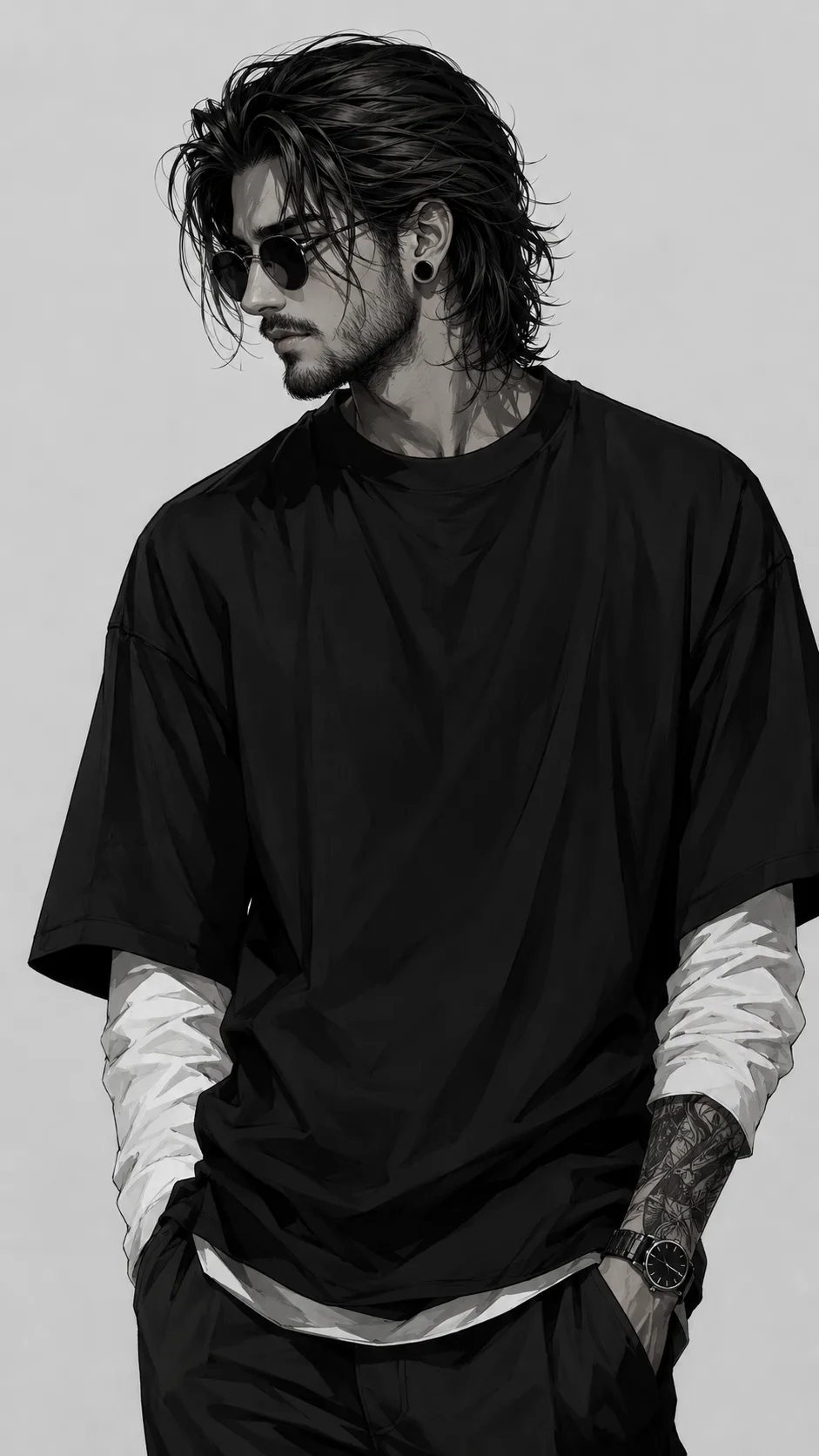 A stylish monochrome anime-inspired fashion illustration of a handsome young adult man shown from the upper thighs upward in a relaxed