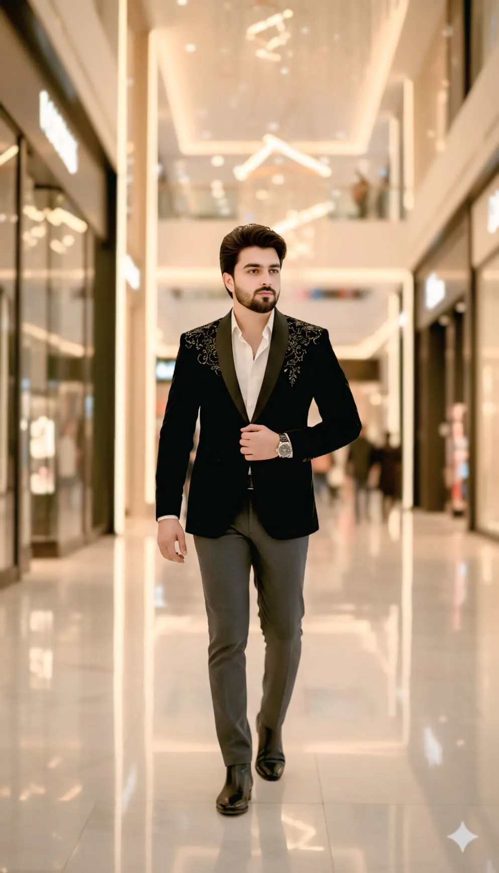 A full-length cinematic shot of a handsome young man with a neatly trimmed beard and perfectly styled voluminous dark hair, walking