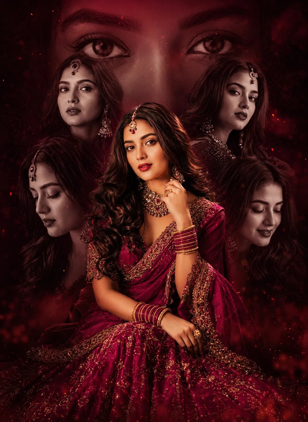 realistic cinematic bridal poster of a beautiful Indian woman wearing a luxurious deep magenta lehenga saree with intricate gold