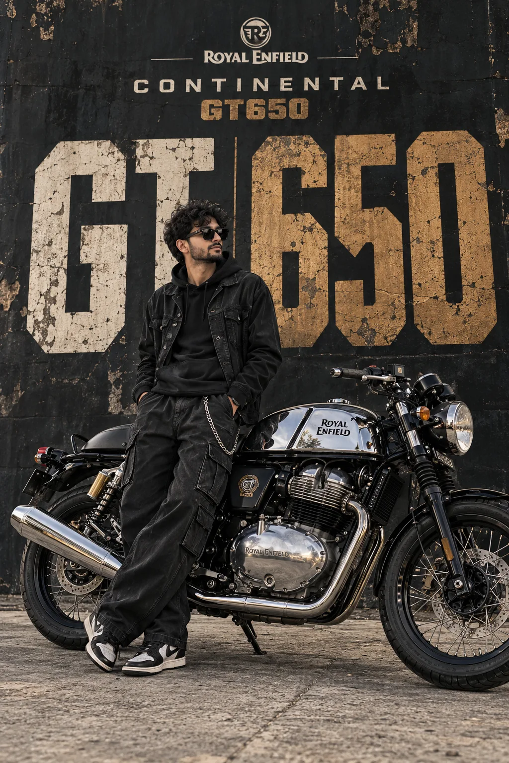 A high-quality commercial automotive and fashion photography shot of a young, stylish South Asian man posing next to a parked Royal Enfield