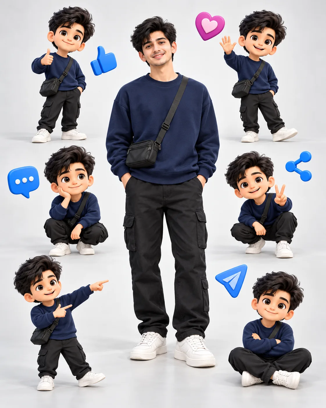 Create a high-resolution vertical 3D CGI character composition on a clean light gray/white studio background.