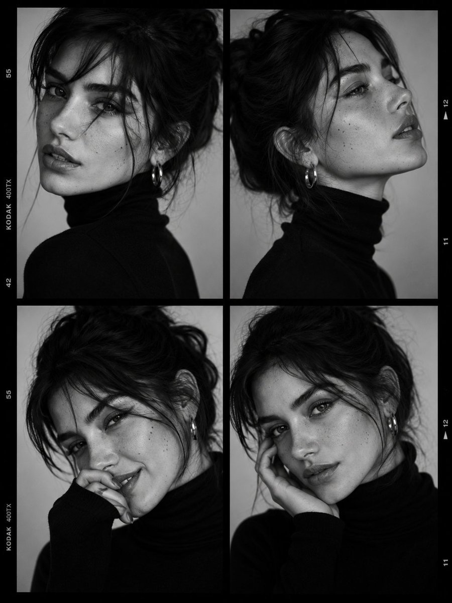 Created with GPT Image 2.0 on ChatGPT Prompt: Ultra-viral black-and-white luxury fashion casting contact sheet portrait of a striking young