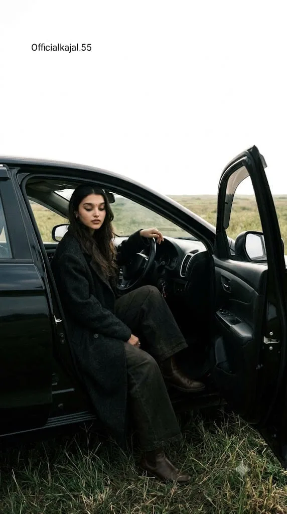 @officialkajal.55 Prompt for Al: Subject seated low on a black car on driver seat, holding stearing and front door open, head tilted down