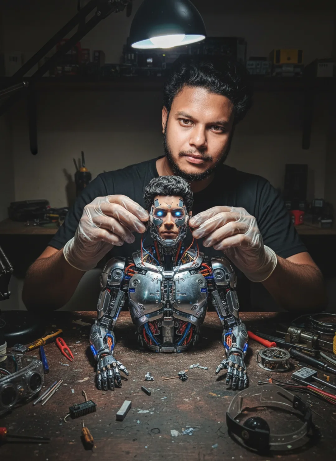 A hyper-realistic, cinematic medium shot of a 26-year-old Indian man with a well-groomed dark beard and short black hair, sitting in a