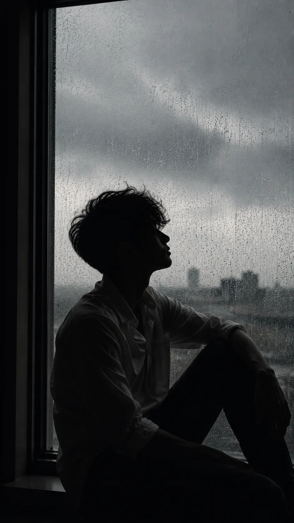 Ultra-realistic cinematic 8K portrait, vertical 9:16 composition, titled “Rainy Window Reverie.” A young man sits alone beside a large