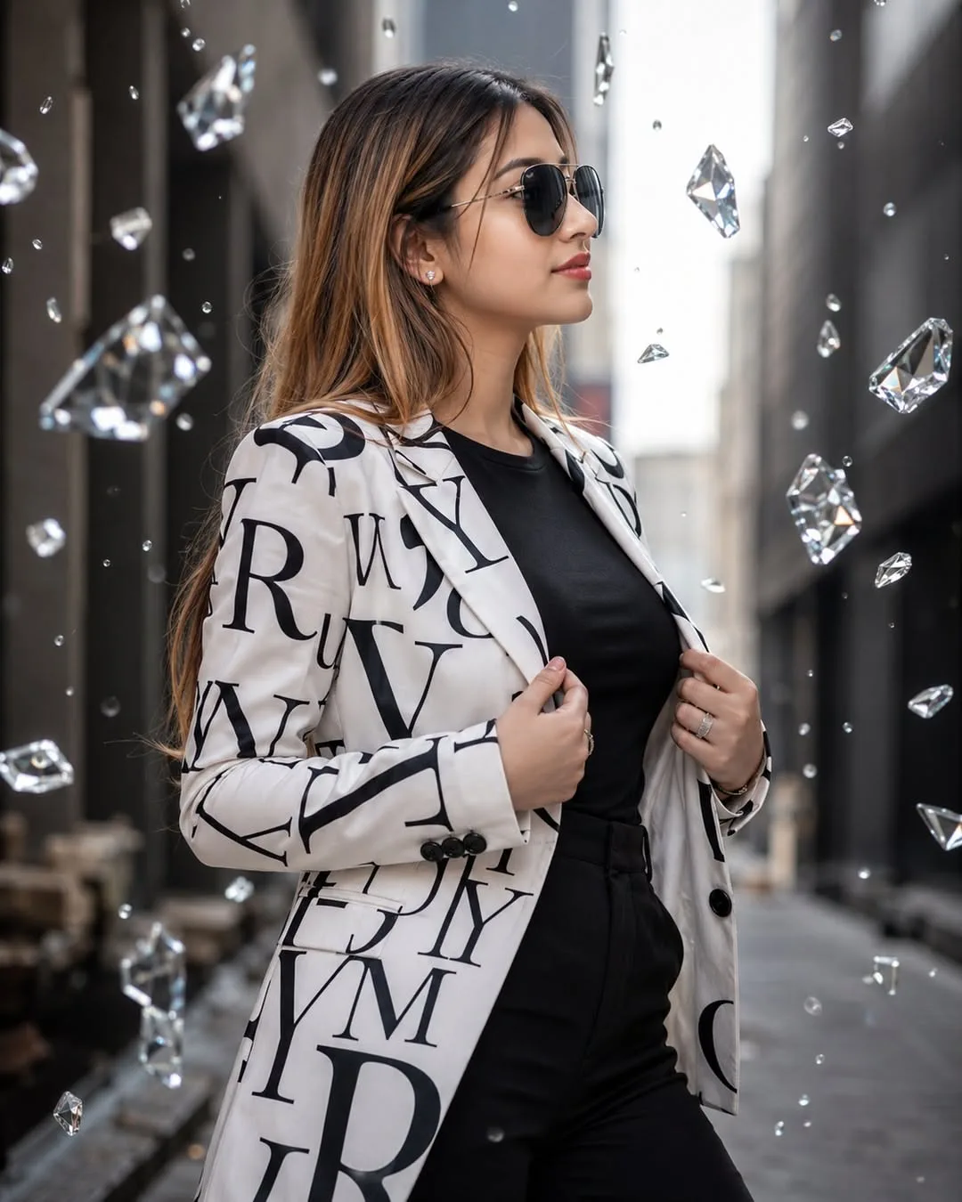 Open the Gogle gemini upload your image A cinematic high-fashion portrait of a stylish young South Asian woman with long brown and blonde