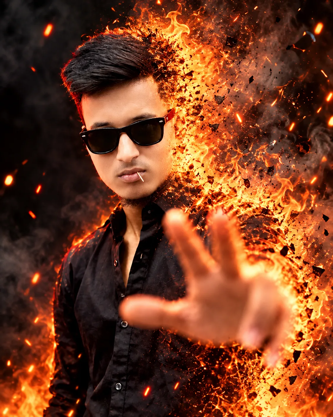 Create a hyper-realistic cinematic portrait of a young South Asian man wearing a black button-up shirt and stylish black rectangular