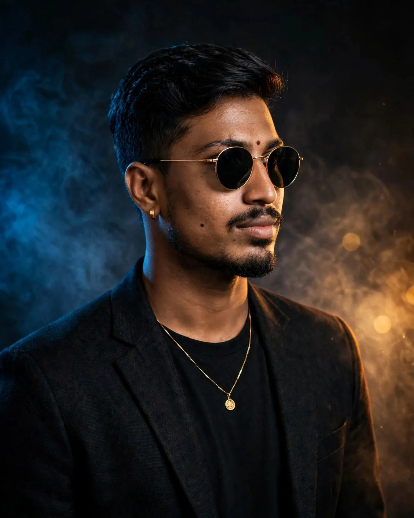 Edit the attached photo of this person into a hyper-realistic luxury editorial studio portrait.