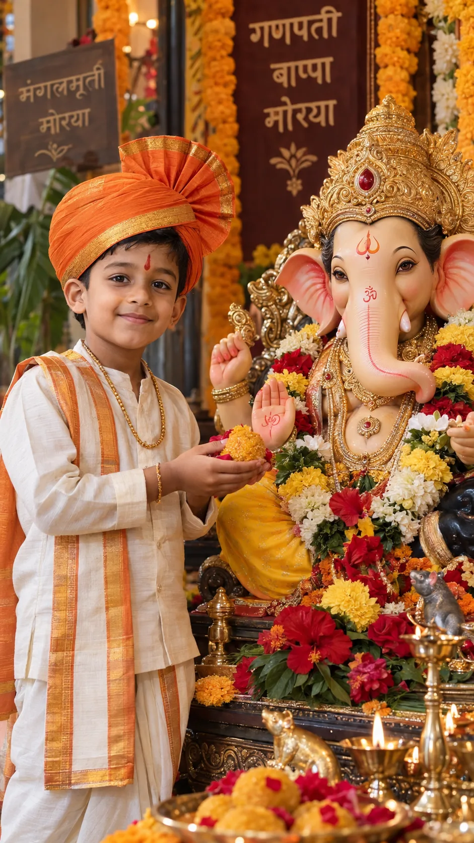 Ultra-realistic 9:16 devotional portrait of a little South Asian boy, approximately 6–8 years old, standing closely beside a beautifully