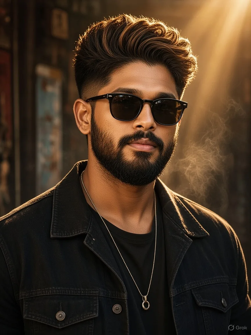 A cinematic, candid medium shot portrait of a stylish South Indian man resembling actor Allu Arjun.
