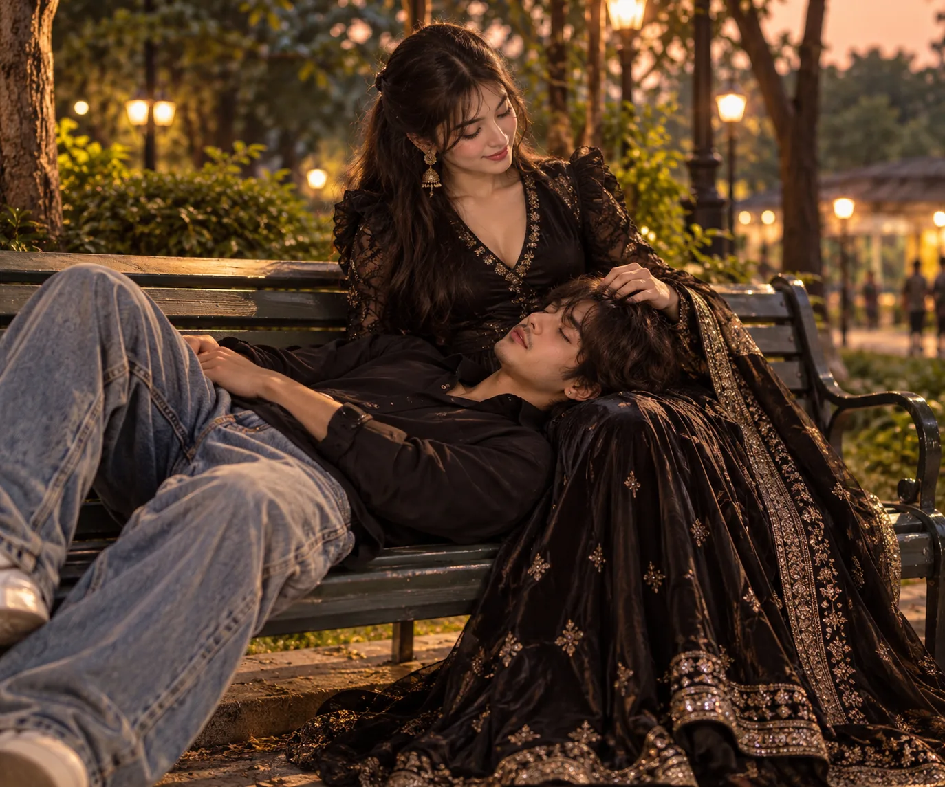 Create an ultra-realistic cinematic photograph of Samad and Sofia, a young South Asian couple, sharing a quiet romantic moment on a classic