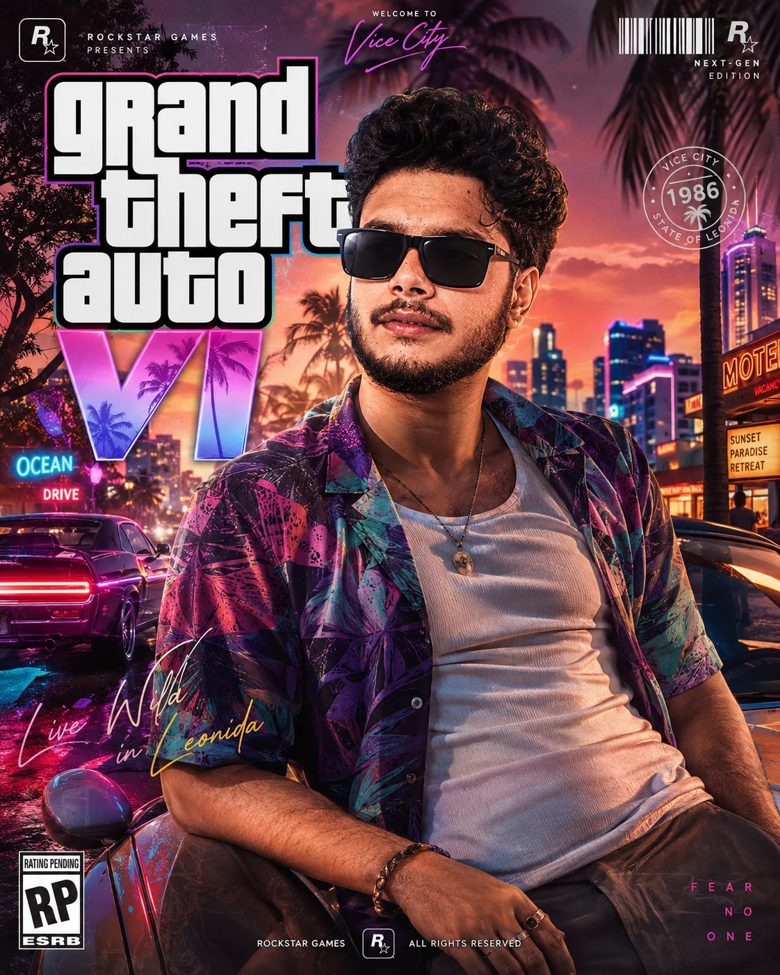 Highly detailed Grand Theft Auto VI style cover art poster, Rockstar Games aesthetic, 1980s Vice City neon sunset vibe.