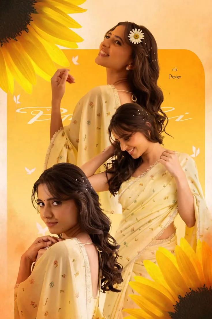 A photorealistic vertical aesthetic portrait collage of the young South Asian woman from the reference image, faithfully preserving her