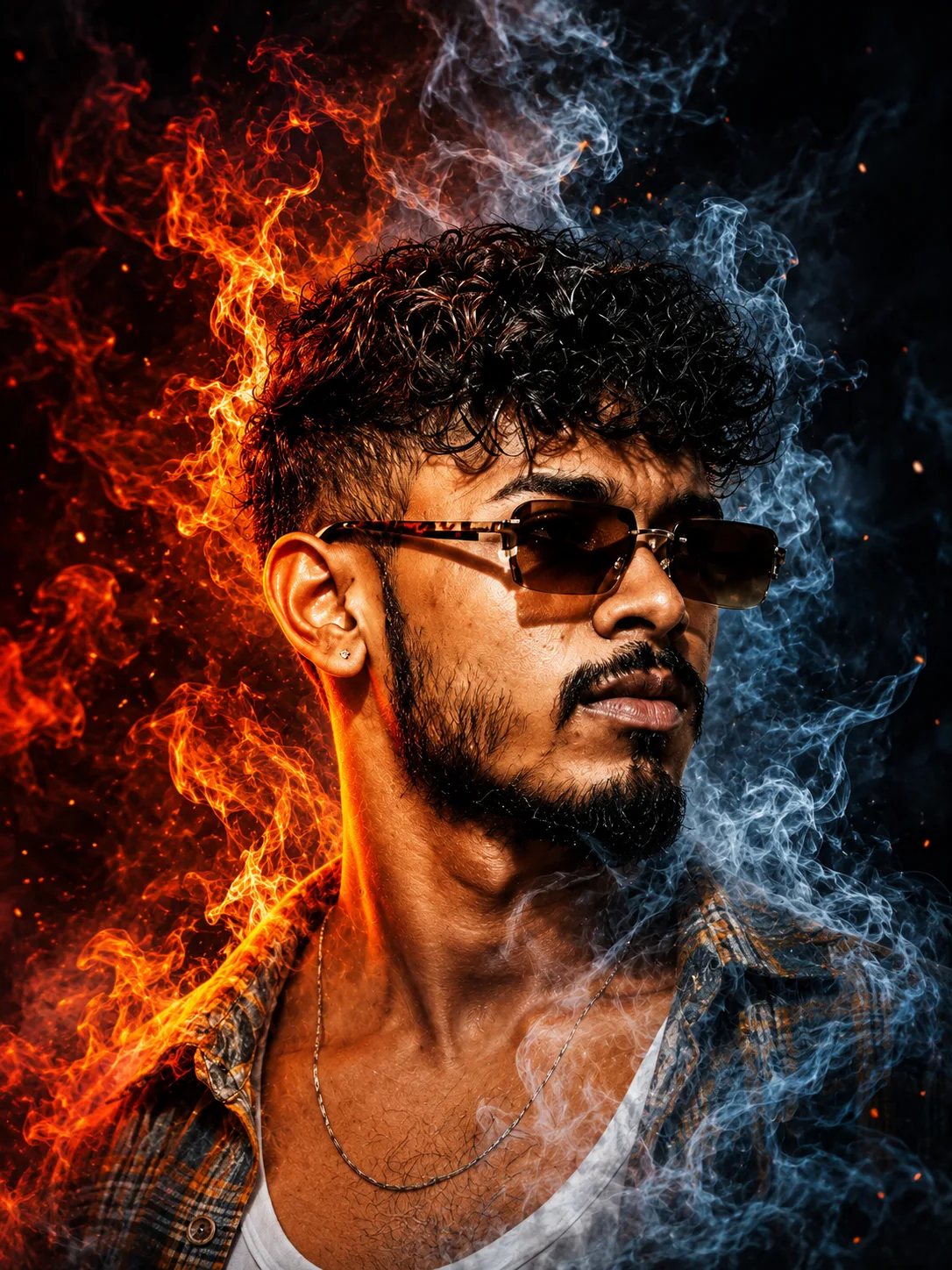 Create an ultra-realistic cinematic editorial portrait of a stylish young adult man, using the uploaded reference image for facial identity