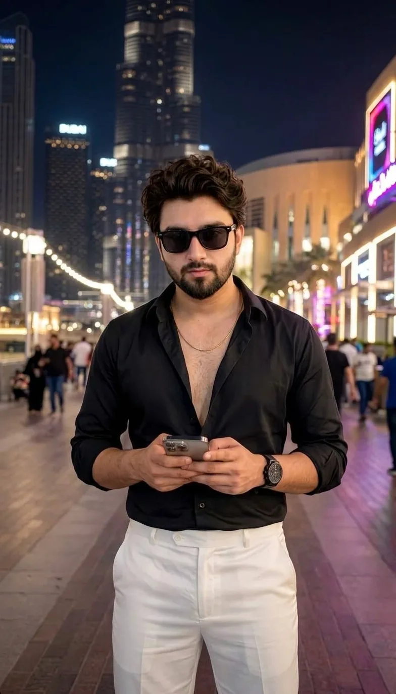 **Prompt:** "A high-quality photo of a stylish young South Asian man with curly hair and a beard, wearing sunglasses, an unbuttoned black