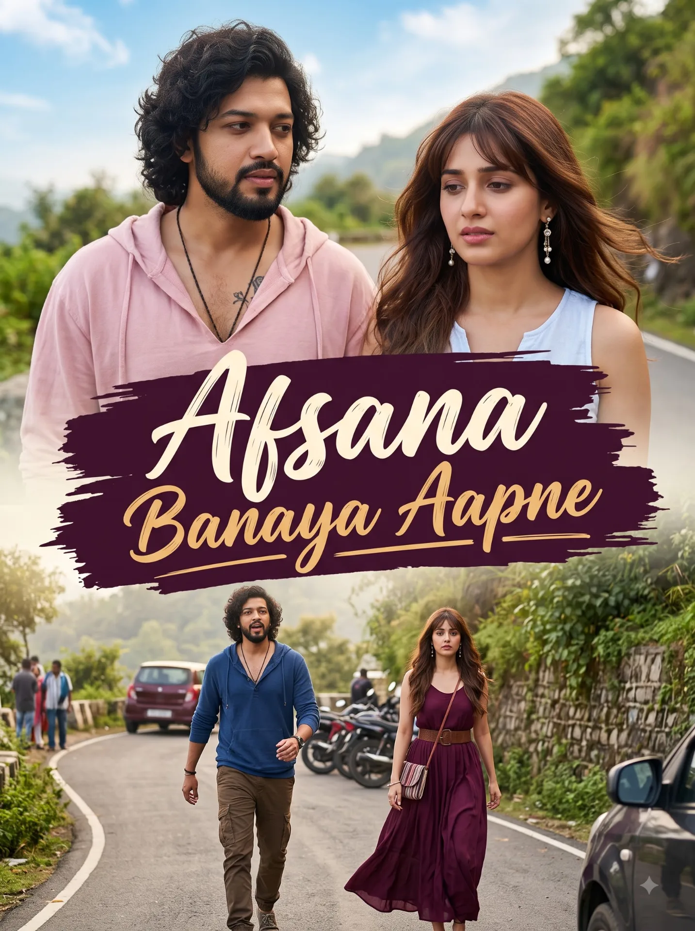 Create a vertical cinematic Bollywood romantic-drama movie poster, portrait orientation, approximately 4:5 aspect ratio, photorealistic