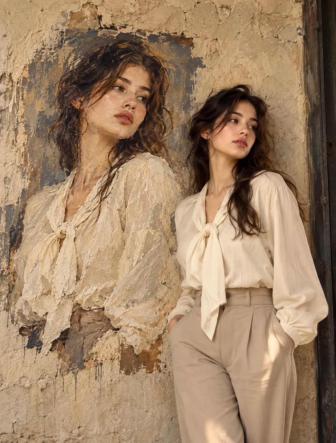 A stunning photorealistic portrait of the same woman in two different forms.