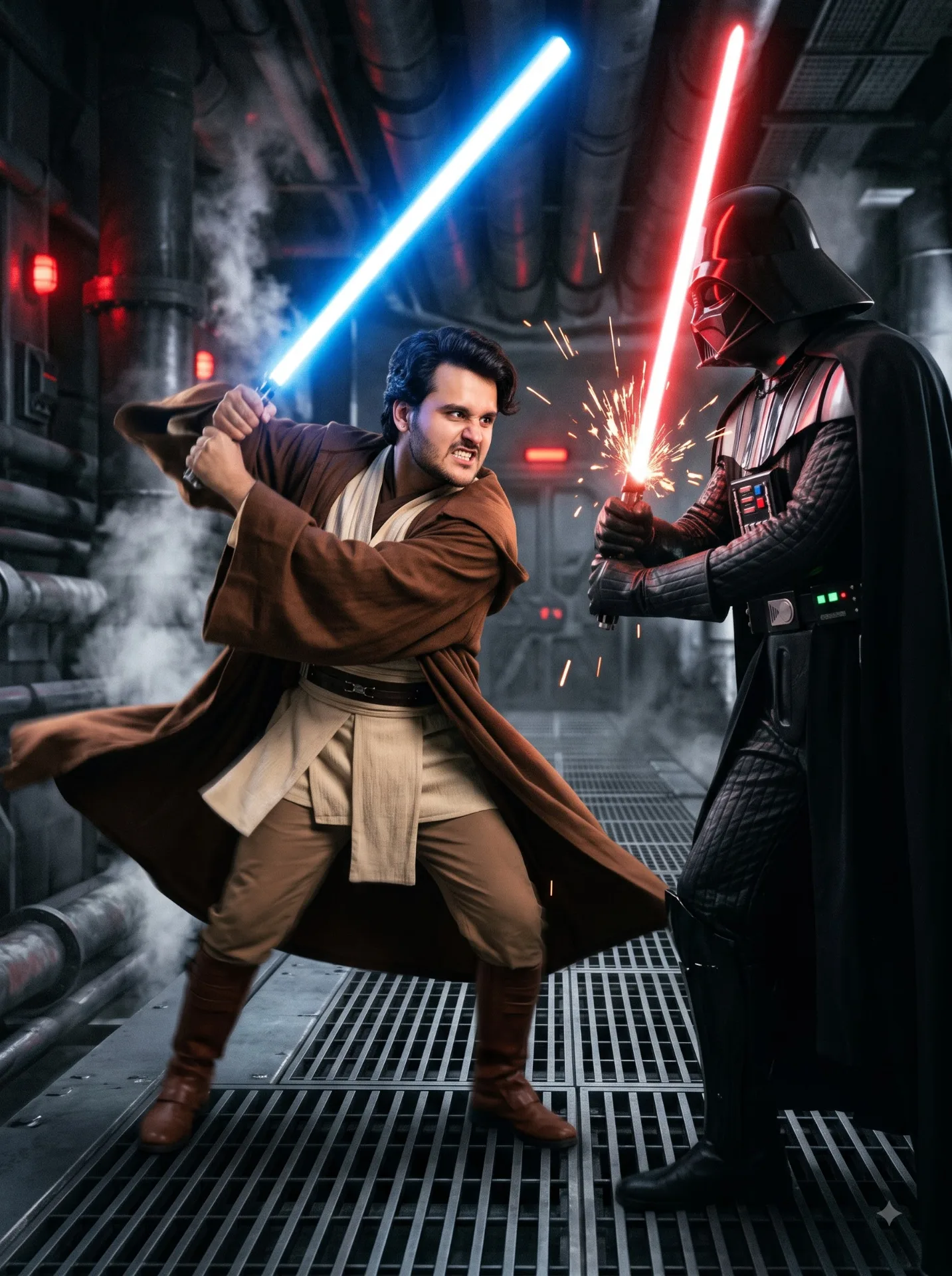 A real action photo frozen mid-motion in a fast lightsaber duel.