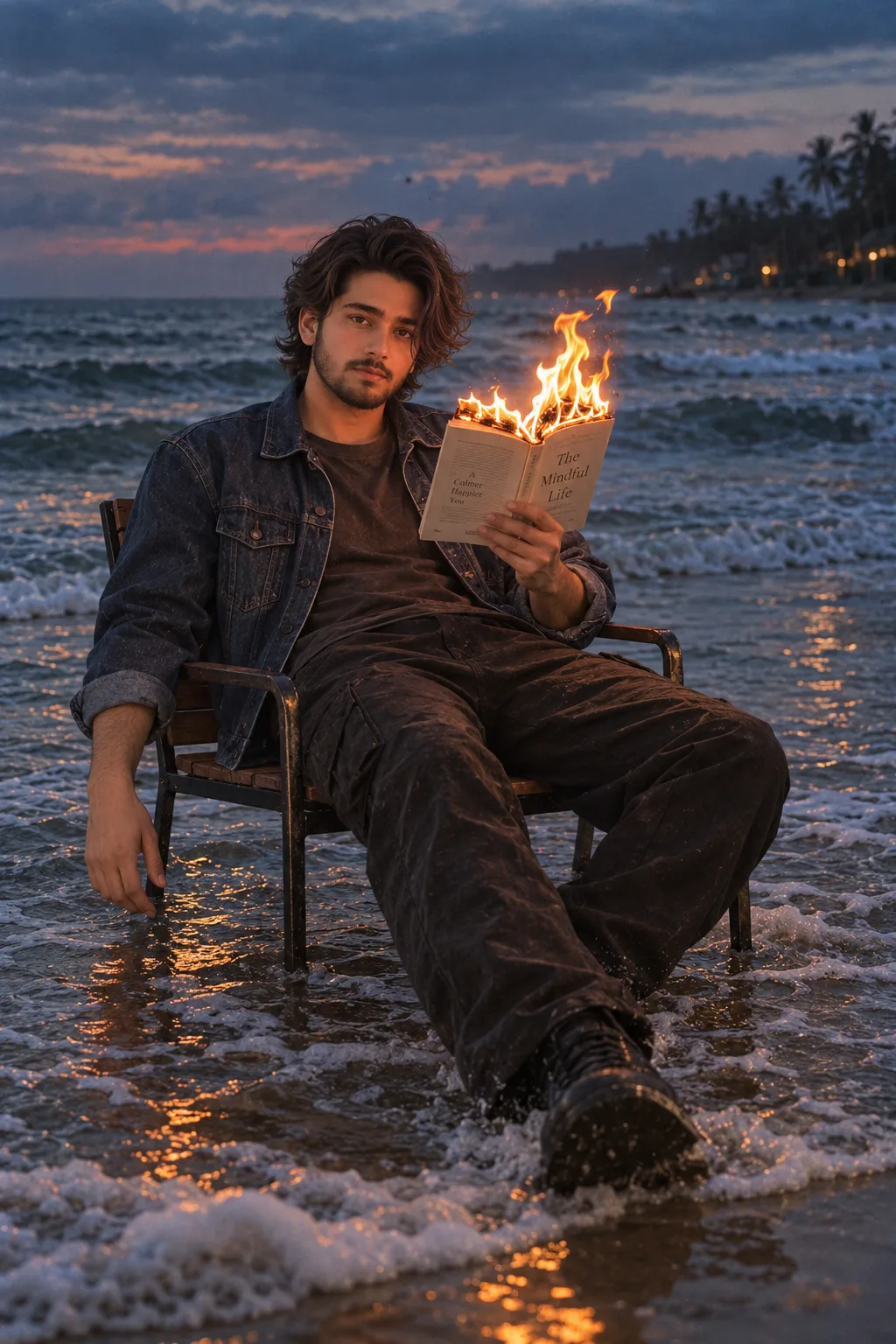 **Ultra-realistic cinematic lifestyle photograph of a handsome young adult man sitting casually in a metal-and-wood armchair placed