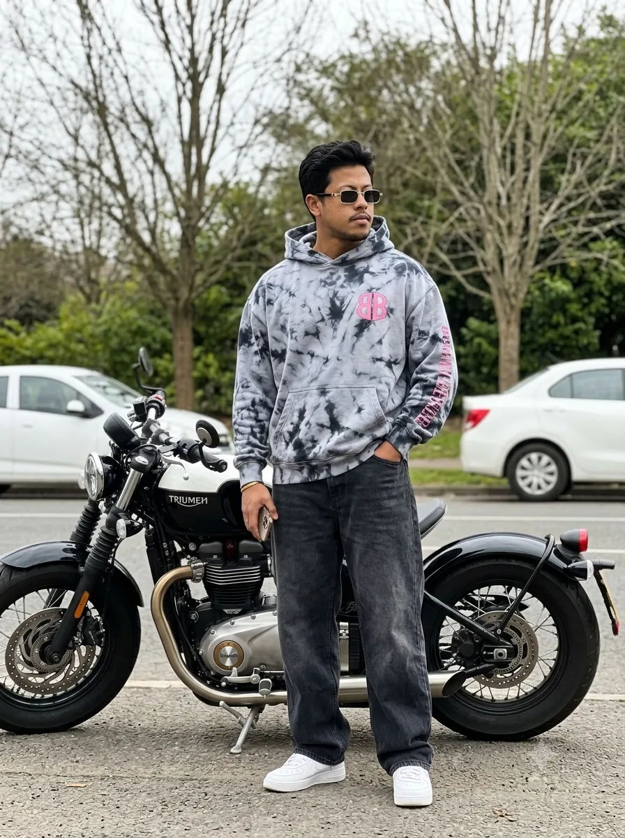 Photorealistic full-body vertical portrait of a young South Asian man in his 20s standing outdoors next to a cruiser motorcycle, eye-level
