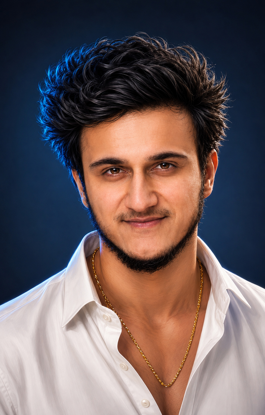 @Create image ULTRA-DETAILED DIGITAL ILLUSTRATION PORTRAIT OF A INDIAN MAN ( use reference images for 100% facial accuracy), SMILING