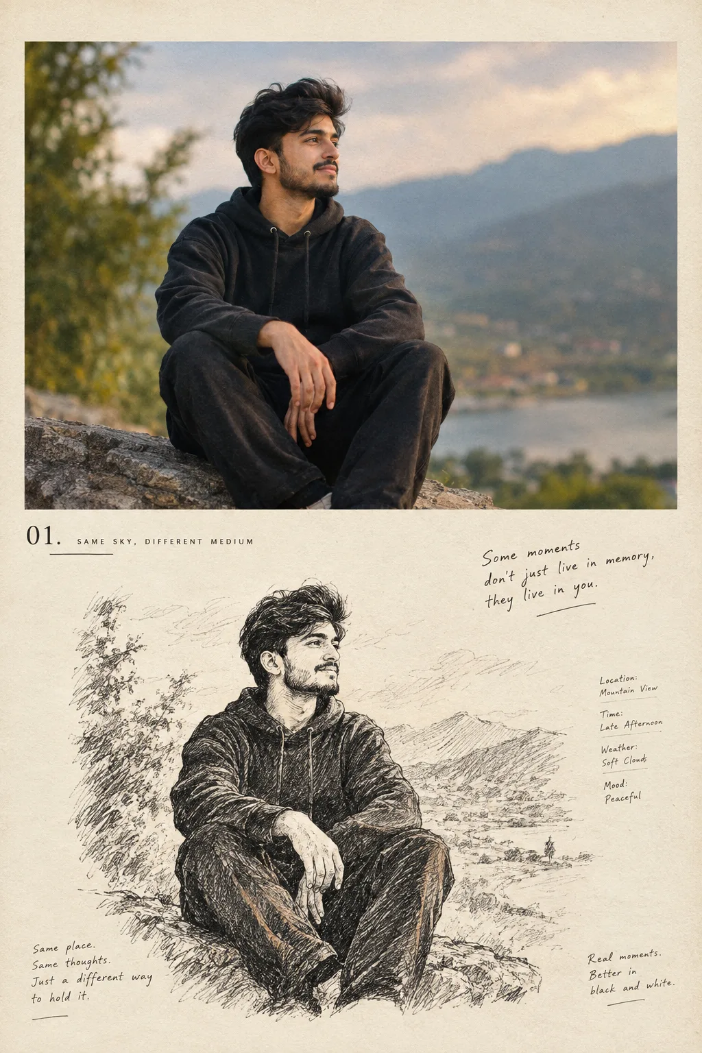 Create a nostalgic editorial photo-to-sketch artbook page based on the reference image.