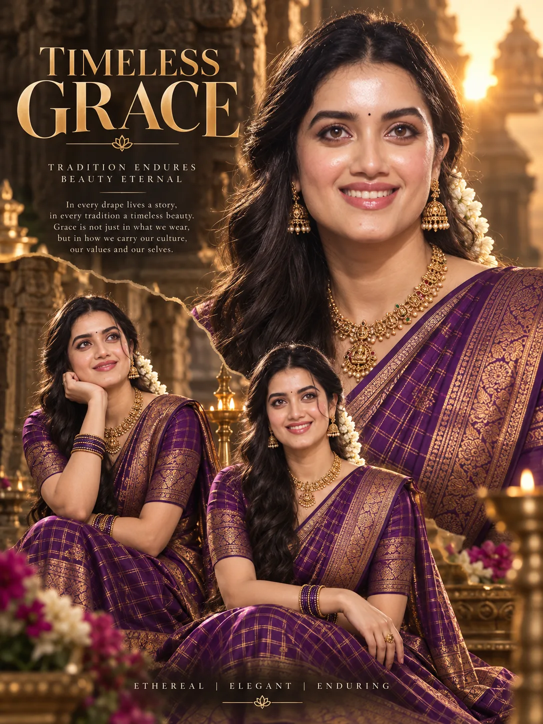 Create an ultra-premium South Indian heritage fashion collage poster in a strict 3:4 aspect ratio featuring the same elegant young South